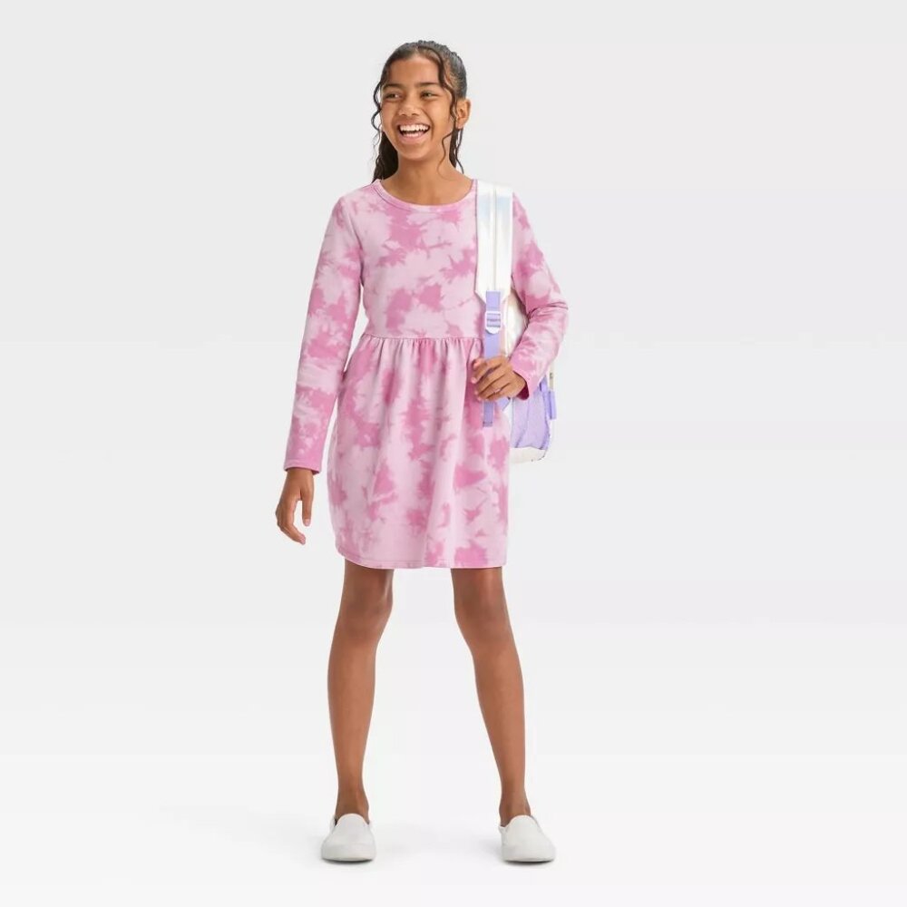 Cat & Jack - Girls' Long Sleeve French Terry Tie-Dye Dress - Magenta Wash